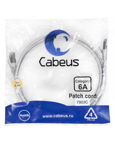 Патч-корд SSTP, категория 6a, 10G, S/FTP экранированный, LSZH, 2 м, серый Cabeus PC-SSTP-RJ45-Cat.6a-2m-LSZH в Санкт-Петербурге Патчкорды (медные) Pintop.ru