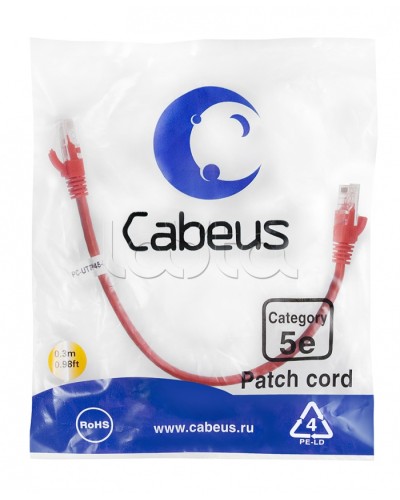 Патч-корд UTP, категория 5e, 0.3 м, неэкранированный, красный Cabeus PC-UTP-RJ45-Cat.5e-0.3m-RD в Санкт-Петербурге Патчкорды (медные) Pintop.ru