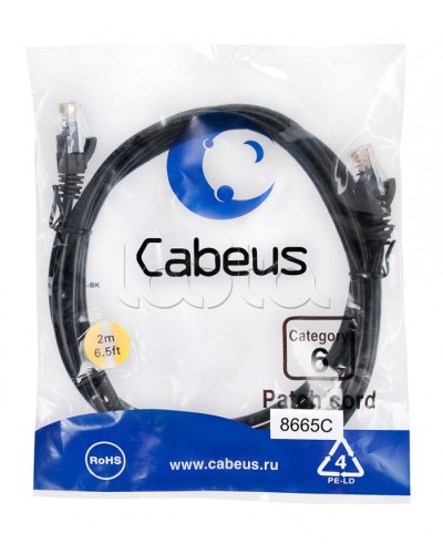 Патч-корд UTP, категория 6, 2 м, неэкранированный, черный Cabeus PC-UTP-RJ45-Cat.6-2m-BK в Санкт-Петербурге Патчкорды (медные) Pintop.ru
