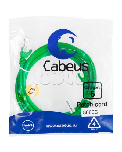 Патч-корд UTP, категория 6, 2 м, неэкранированный, зеленый Cabeus PC-UTP-RJ45-Cat.6-2m-GN в Санкт-Петербурге Патчкорды (медные) Pintop.ru