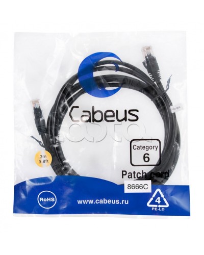 Патч-корд UTP, категория 6, 3 м, неэкранированный, черный Cabeus PC-UTP-RJ45-Cat.6-3m-BK в Санкт-Петербурге Патчкорды (медные) Pintop.ru