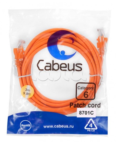Патч-корд UTP, категория 6, 3 м, неэкранированный, оранжевый Cabeus PC-UTP-RJ45-Cat.6-3m-OR в Санкт-Петербурге Патчкорды (медные) Pintop.ru