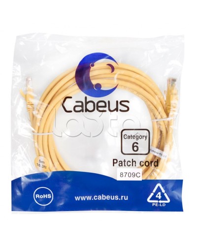 Патч-корд UTP, категория 6, 5 м, неэкранированный, желтый Cabeus PC-UTP-RJ45-Cat.6-5m-YL в Санкт-Петербурге Патчкорды (медные) Pintop.ru