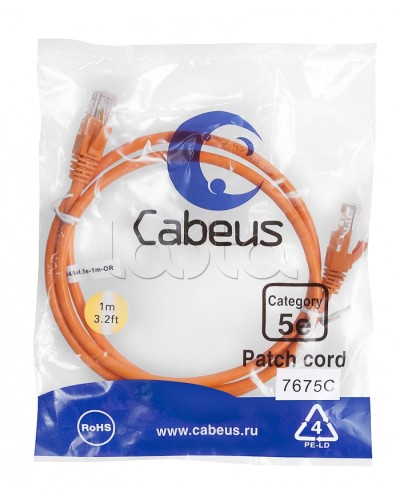 Патч-корд медный U/UTP кат.5е (1м) LSZH (оранжевый) Cabeus (PC-UTP-RJ45-Cat.5e-1m-OR-LSZH) в Санкт-Петербурге Патчкорды (медные) Pintop.ru