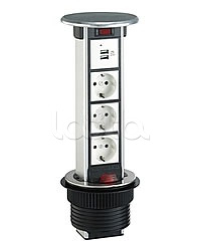 Блок розеточный встраеваемый в стол, 4 поста (45х45) IP54, с выключателем нагрузки (алюм+нерж.сталь) Экопласт 70334 в Санкт-Петербурге Блоки розеток Pintop.ru